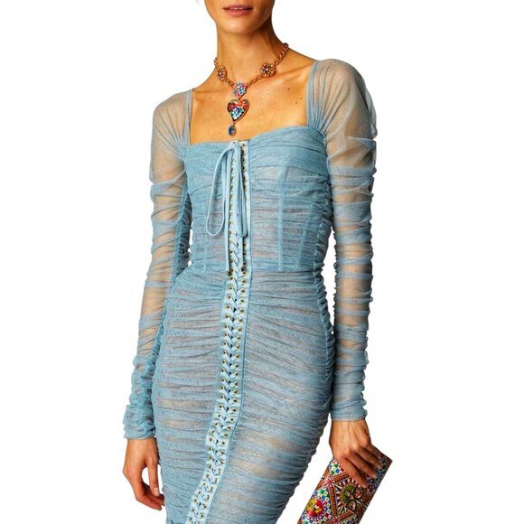 $3645 NWT Dolce & Gabbana Light Blue Tulle Sheer Lace-Up Ruched Midi Dress - Picture 10 of 13